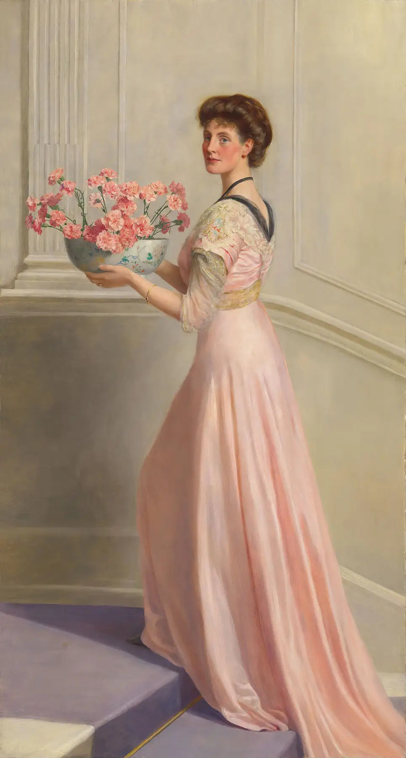 Dame au bol d'œillets roses - John Collier