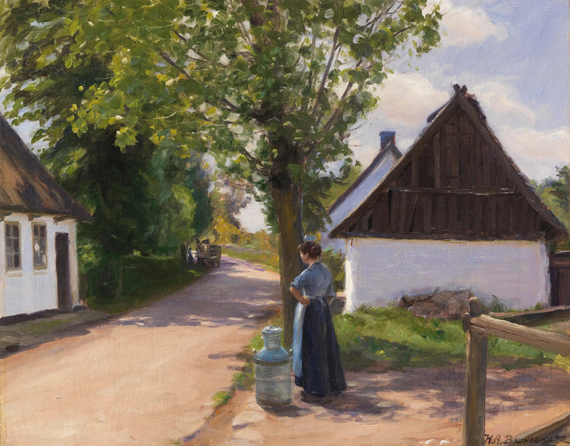Dänische Dorfstraße mit Bäuerin und Milchmann - H. A. Brendekilde