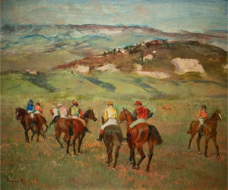 Jockeys à cheval devant les collines lointaines, 1884 – Degas