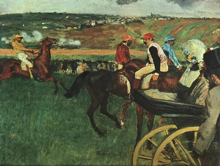 Le Champ de courses : jockeys amateurs près d’une voiture, vers 1878 – Degas