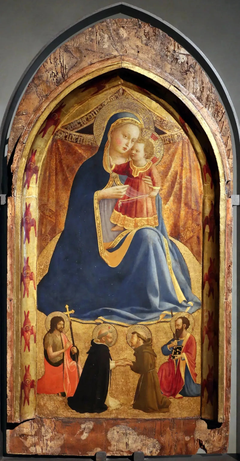 Demutsmadonna mit den heiligen Johannes der Täufer und Paulus und das Treffen der heiligen Dominiks und Franziskus - Fra Angelico