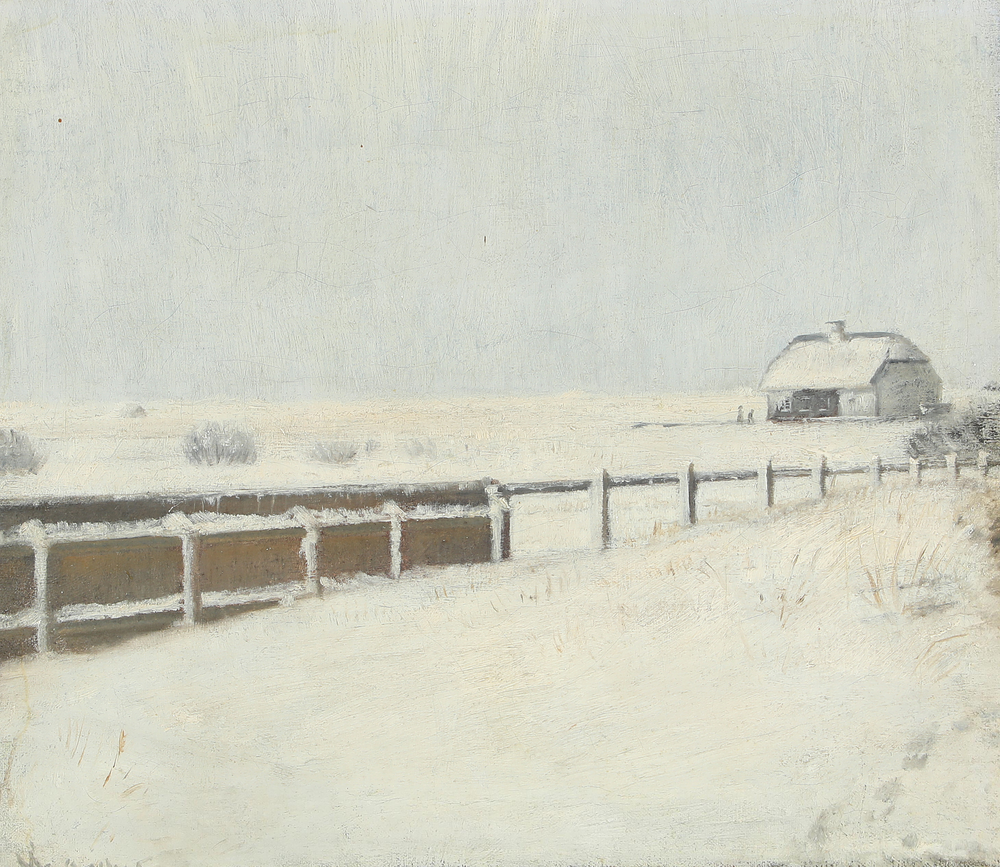 Des clôtures et un chalet sous la neige à Skagen. - Michael Peter Ancher image 1 tableau peint à l’huile sur toile