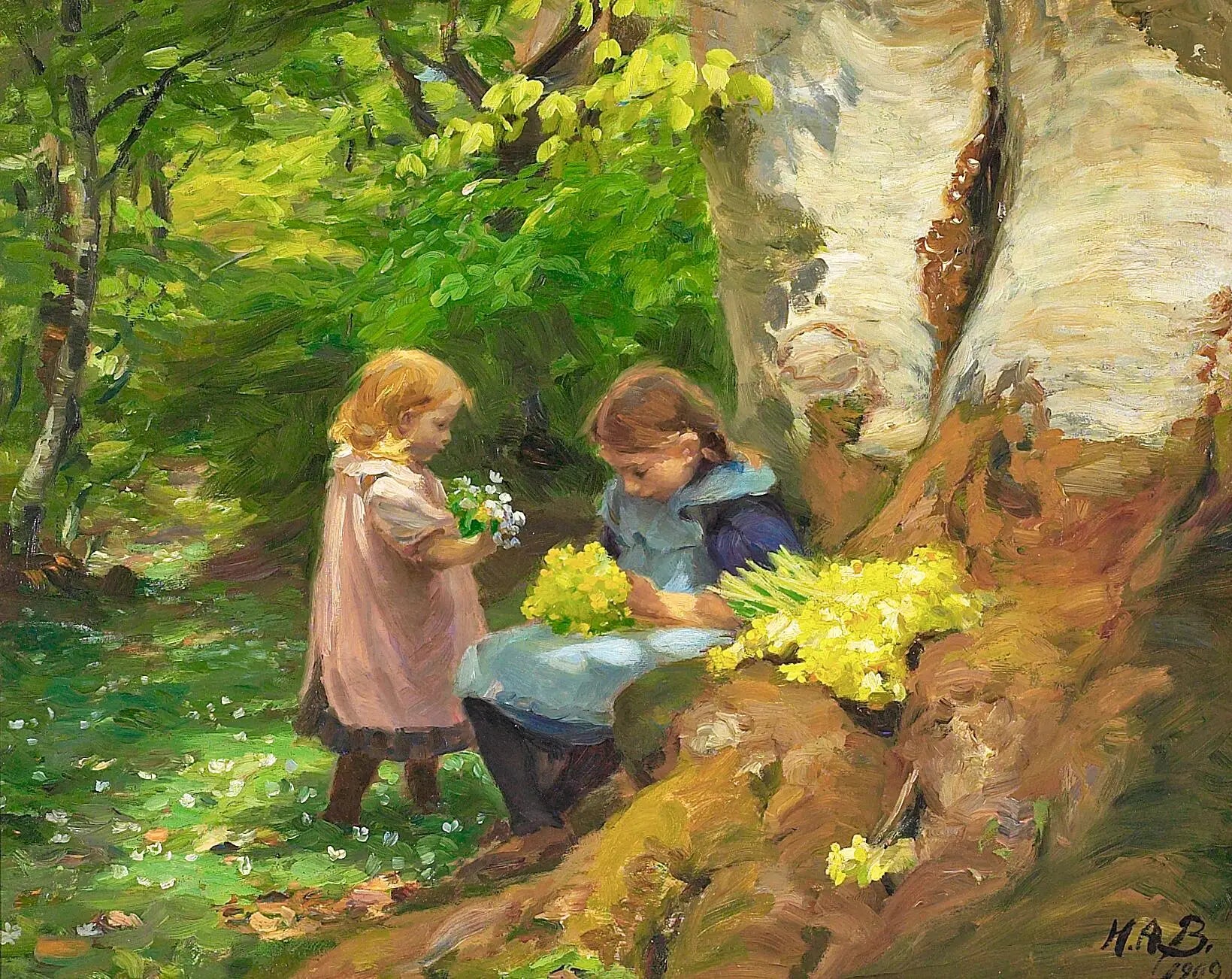 Des filles cueillent des anémones et des primevères dans les bois de Hunnerup près d’Odense. - H. A. Brendekilde