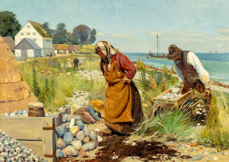 Des gens coupent des décombres près d'une plage à Stevns, au Danemark. - H. A. Brendekilde