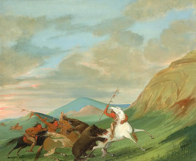 Des grizzlis attaquent des Indiens à cheval - George Catlin