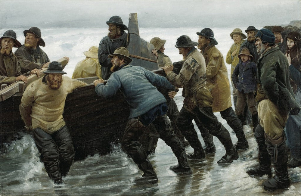Des pêcheurs mettent à l'eau une barque à rames - Michael Peter Ancher image 1 reproduction de peinture à l’huile