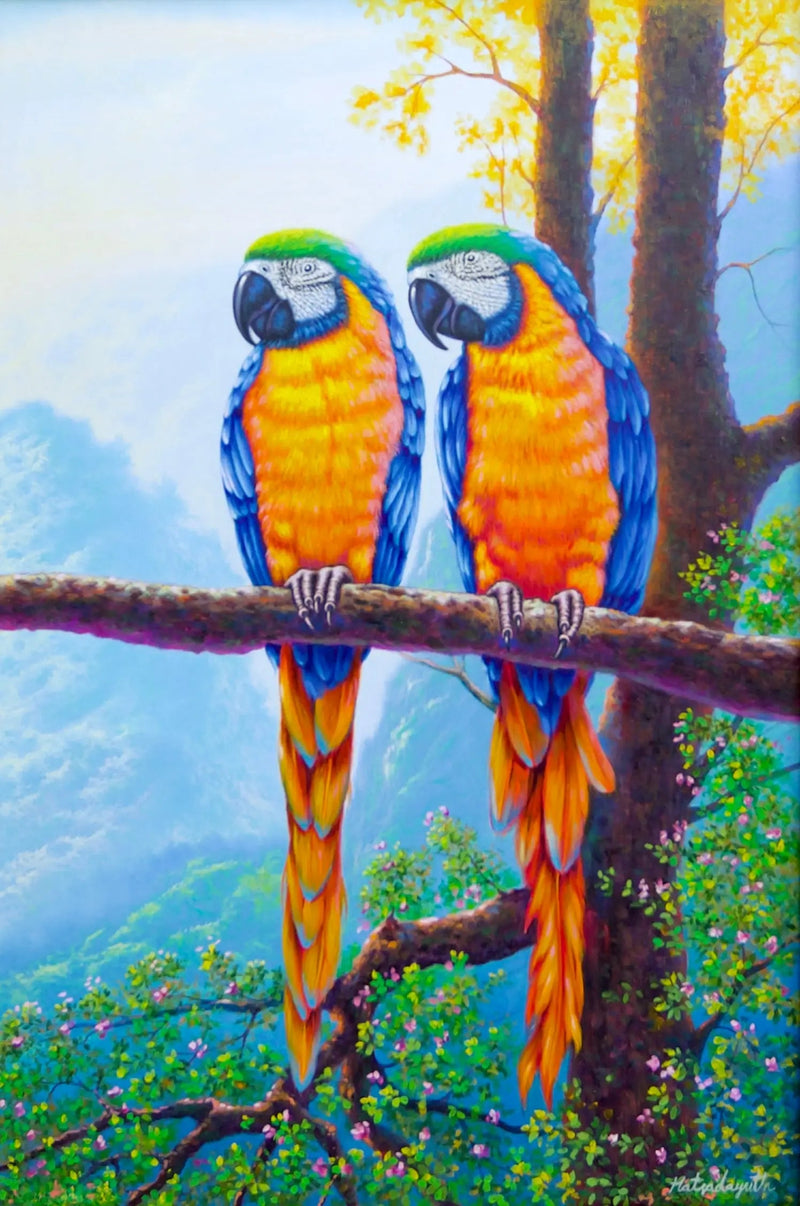 Deux aras sur une Branche | 60 x 90 cm