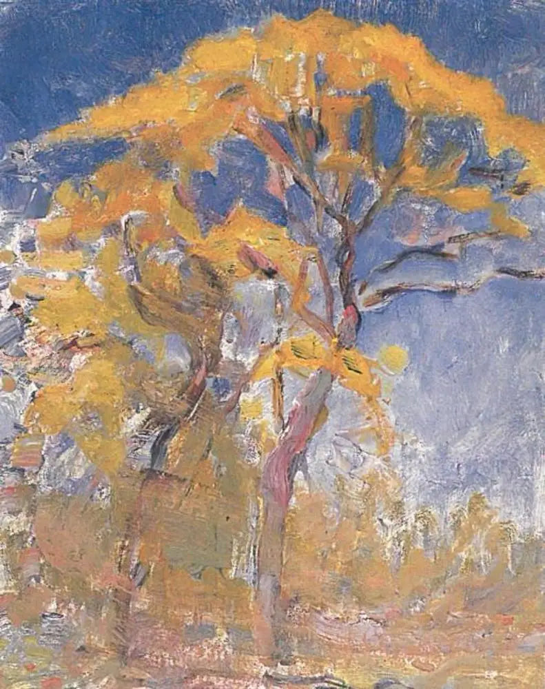 Deux arbres au feuillage orange contre le ciel bleu - Piet Mondrian