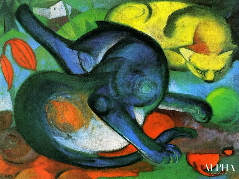 Deux chats, bleu et jaune - Franz Marc - Reproductions de tableaux et peintures haut de gamme