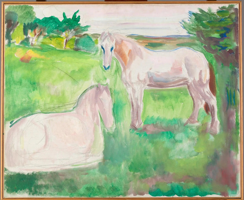 Deux chevaux blancs dans une prairie verte - Edvard Munch