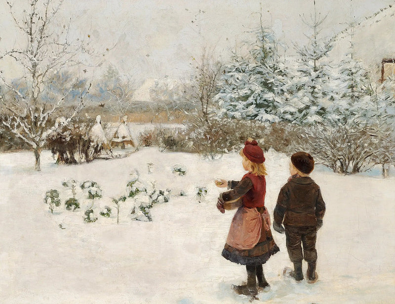 Deux enfants nourrissent des oiseaux dans la neige. - H. A. Brendekilde