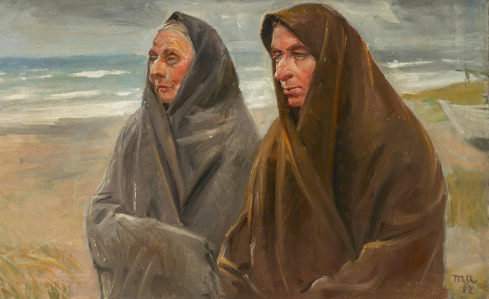 Deux femmes de pêcheurs sur la plage. - Michael Peter Ancher image 1 reproduction de peinture à l’huile