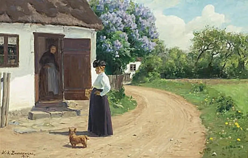 Deux femmes discutent sur une route de village. - H. A. Brendekilde