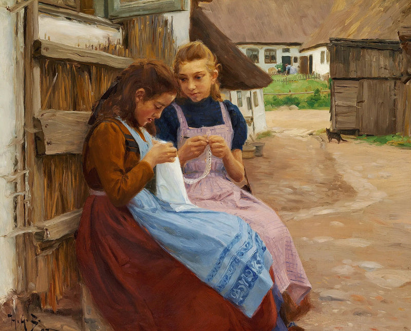 Deux filles avec des travaux d'aiguille assises dans la cour d'une ferme. - H. A. Brendekilde