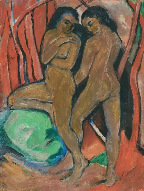 Deux filles nues debout avec une pierre verte - Franz Marc