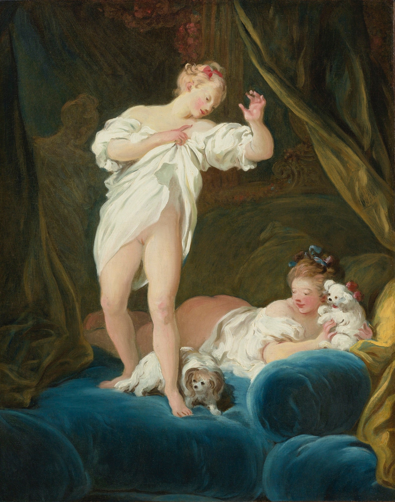 Deux filles sur un lit jouant avec leurs chiens - Jean-Honoré Fragonard