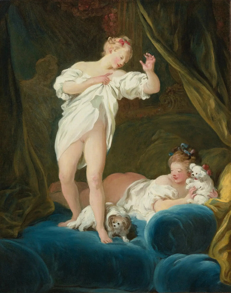 Deux filles sur un lit jouant avec leurs chiens - Jean-Honoré Fragonard