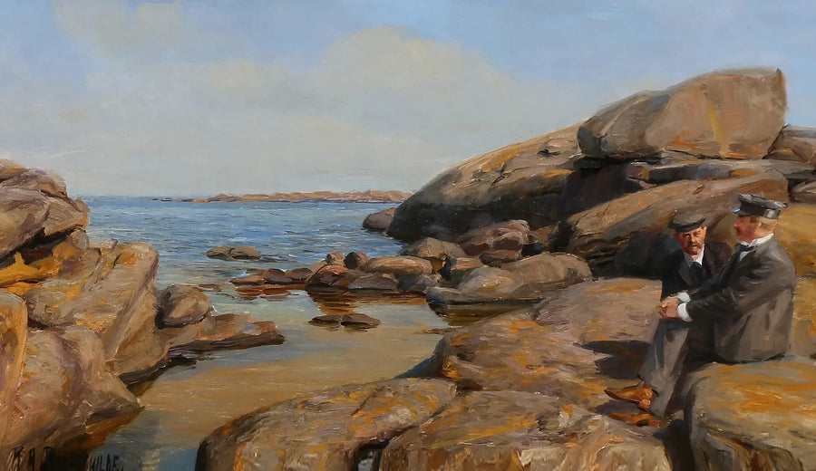 Deux hommes en conversation sur un rivage rocheux - H. A. Brendekilde