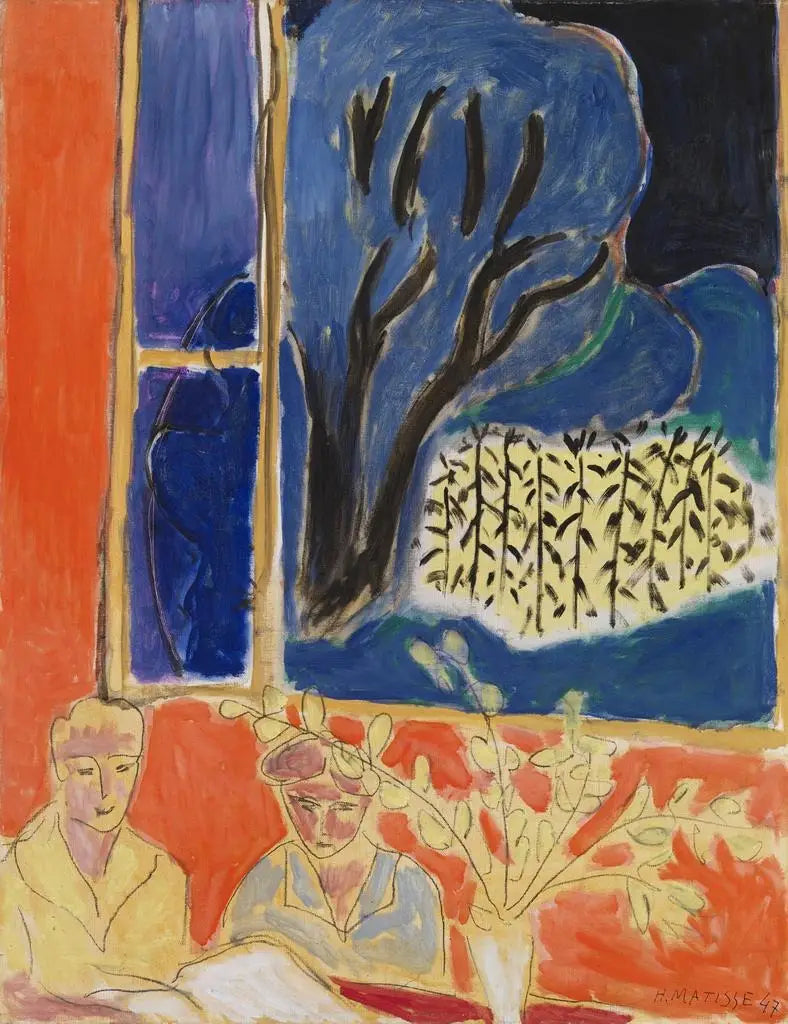Deux jeunes filles dans un intérieur de corail, jardin bleu (Deux fillettes, fond corail, jardin bleu) - Henri Matisse