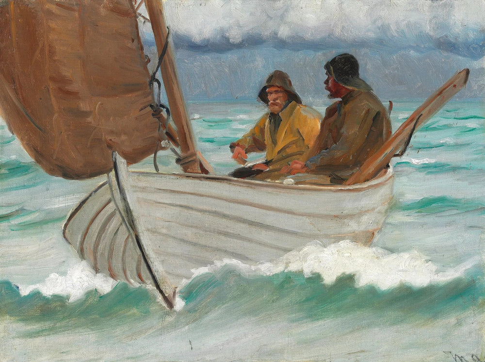 Deux pêcheurs de Skagen à bord d'un voilier au large des côtes. - Michael Peter Ancher image 1 reproduction de peinture à l’huile