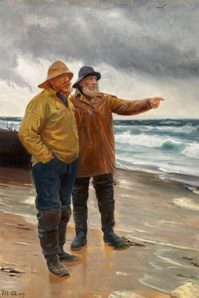 Deux pêcheurs sur la plage. L'un d'eux montre la mer du doigt. - Michael Peter Ancher