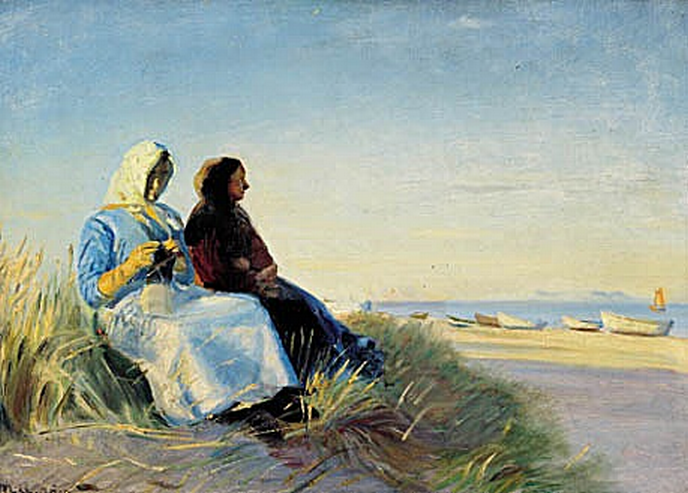 Deux pêcheuses sur une dune à Skagen Sønderstrand. - Michael Peter Ancher image 1 reproduction d’œuvre d’art à l’huile