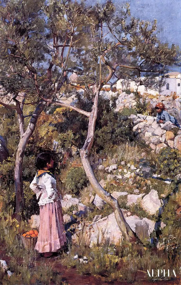 Deux petites filles italiennes près d’un village - John William Waterhouse Reproductions de tableaux à la peinture à