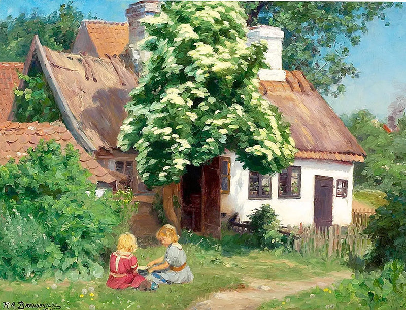 Enfants jouant devant une ferme. - H. A. Brendekilde
