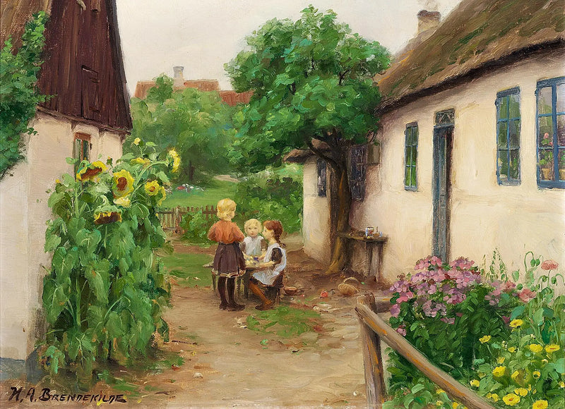 Enfants jouant près d'une ferme, à gauche des tournesols en fleurs. - H. A. Brendekilde