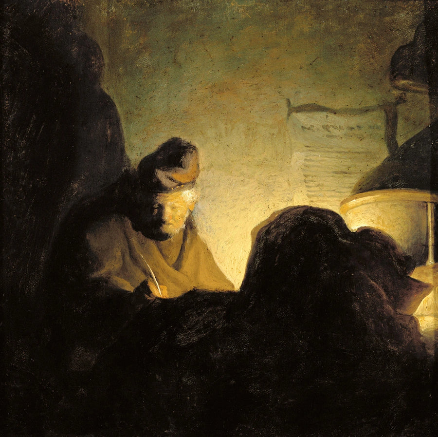 Érudit à la lueur de bougies – attribué à Rembrandt, vers 1628–1629