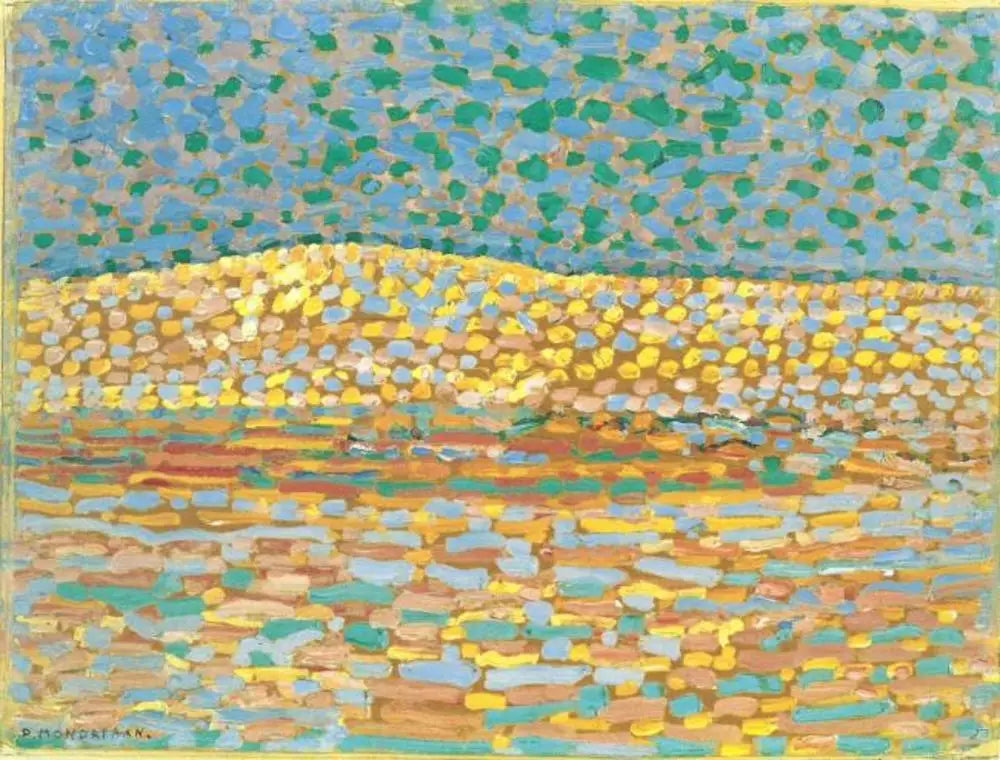 Reproduction du tableau « Étude de dune pointilliste, crête à gauche - Piet Mondrian » par Alpha Reproduction en peinture à l’huile
