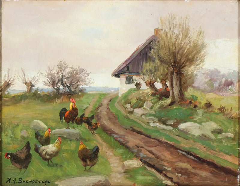 Extérieur de la ferme avec des poules - H. A. Brendekilde