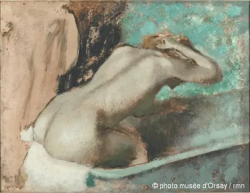 Femme assise sur le bord d'une baignoire et s'épongeant le cou - Edgar Degas
