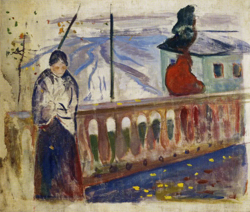 Femme près de la balustrade - Edvard Munch image 1 copie de tableau peinte à la main
