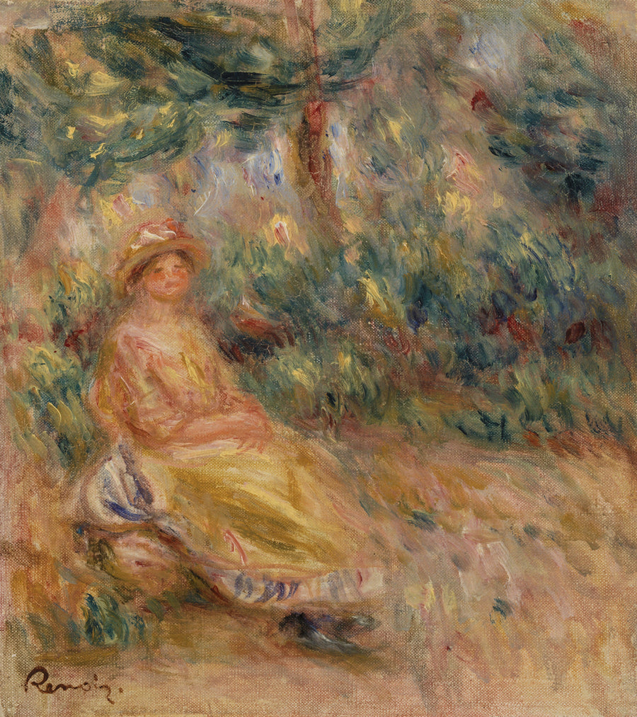 Femme en rose et jaune dans un paysage – Renoir
