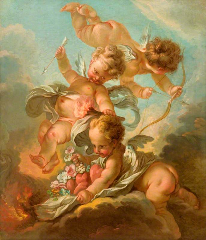 Feu : Trois putti tenant un arc et une flèche, une torche allumée et un manteau contenant des cœurs et des fleurs - François Boucher