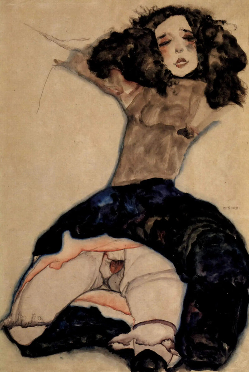 Fille aux cheveux noirs avec jupe relevée - Egon Schiele