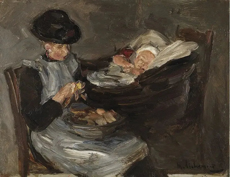 Fille de Laren épluchant des pommes de terre avec un enfant endormi dans un panier - Max Liebermann