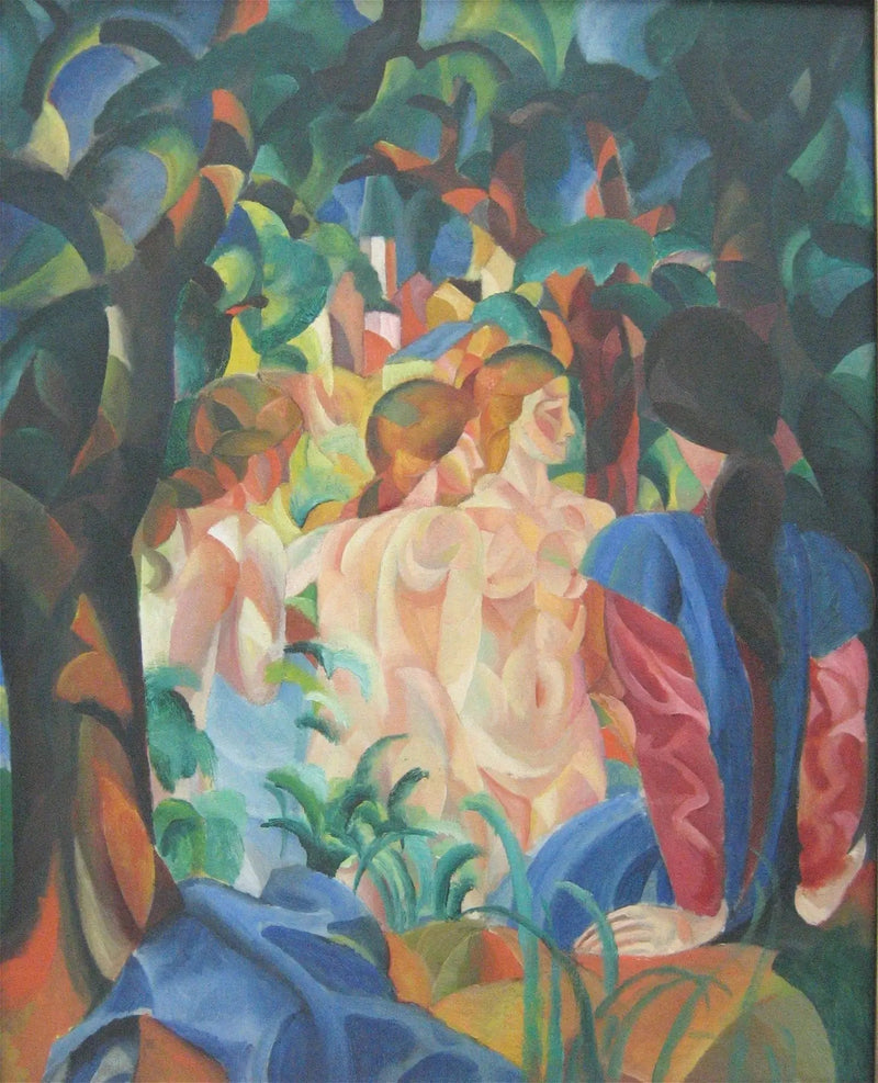 Filles se baignant avec la ville en arrière-plan - August Macke