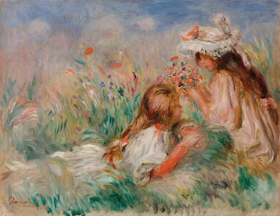 Fillette couchée sur l'herbe et jeune fille arrangeant un bouquet - Pierre-Auguste Renoir