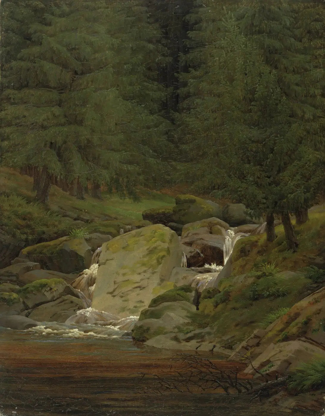 Reproduction du tableau « forêt de sapins avec cascade - Caspar David Friedrich » par Alpha Reproduction en peinture à l’huile