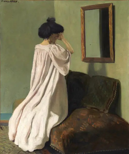 Gabrielle Vallotton agenouillée devant une glace sur le divan de l'atelier de la rue des Belles-Feuilles - Félix Vallotton