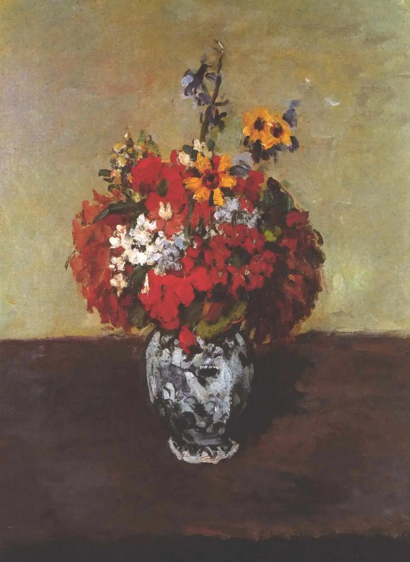 Géraniums et pieds-d'alouette dans un petit vase de Delft - Paul Cézanne