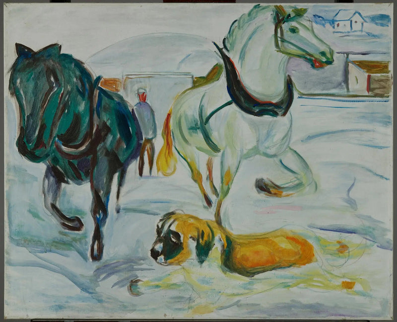 Groupe de chevaux et Saint-Bernard dans la neige - Edvard Munch