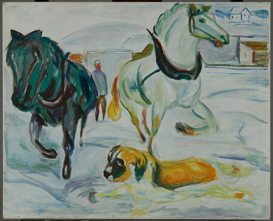 Groupe de chevaux et Saint-Bernard dans la neige - Edvard Munch