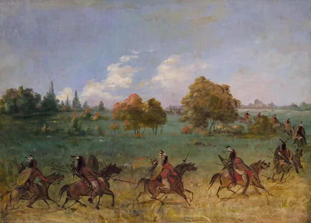 Groupe de guerre comanche en marche, entièrement équipé - George Catlin image 1 copie peinte à la main à l’huile