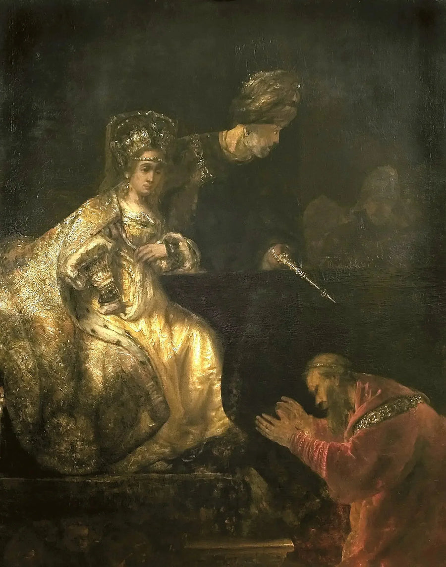 Haman supplie Esther de lui donner la vie sauve - Rembrandt