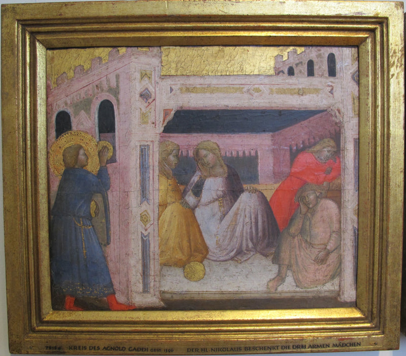 Histoires de Saint Nicolas. Saint Nicolas offre des cadeaux à trois filles de la piscine. - Agnolo Gaddi