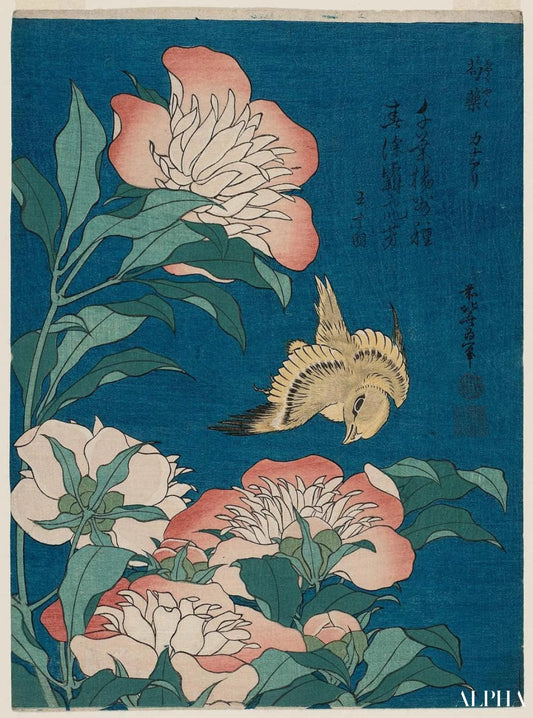 hokusai pivoines et canari (shakuyaku, kanaari), d'une série sans titre connue sous le nom de petites fleurs - Katsushika Hokusai - Reproductions de tableaux et peintures haut de gamme