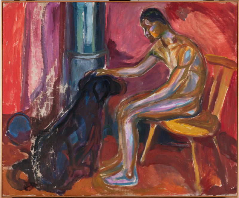 Homme nu assis avec un chien - Edvard Munch